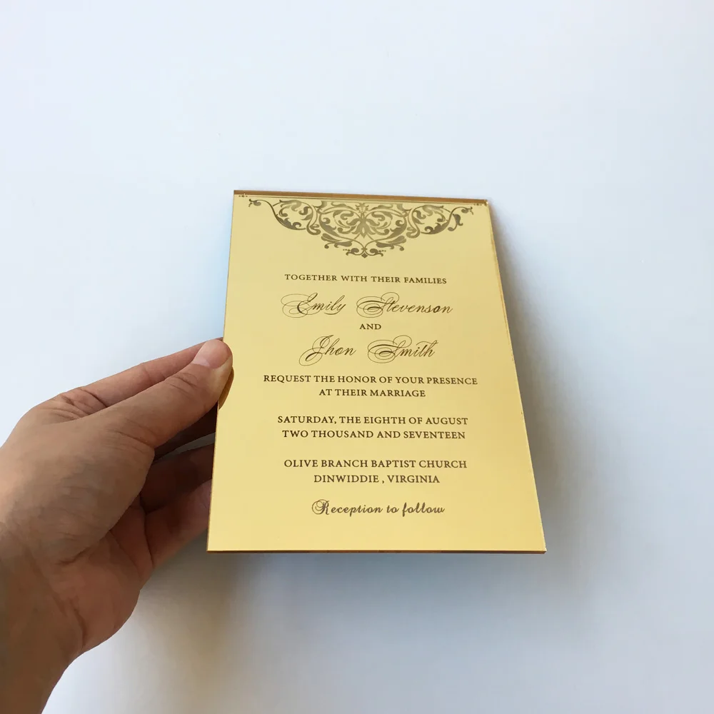  115x175mm Rectangle Shape Engraved Golden Mirror Acrylic Wedding Invitation Card Set 100 Sets Per L - 32829990457