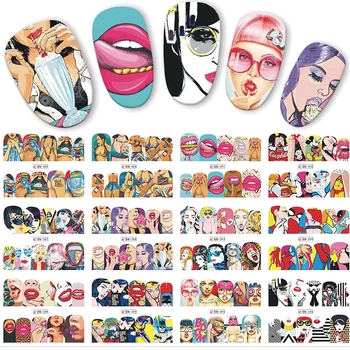 

12pcs/lot Pop Art Design Decal Nail Art Sticker Cool Girl Lips Decorations Full Wraps Decor Mixed Water Tattoo Sticker BN385-396