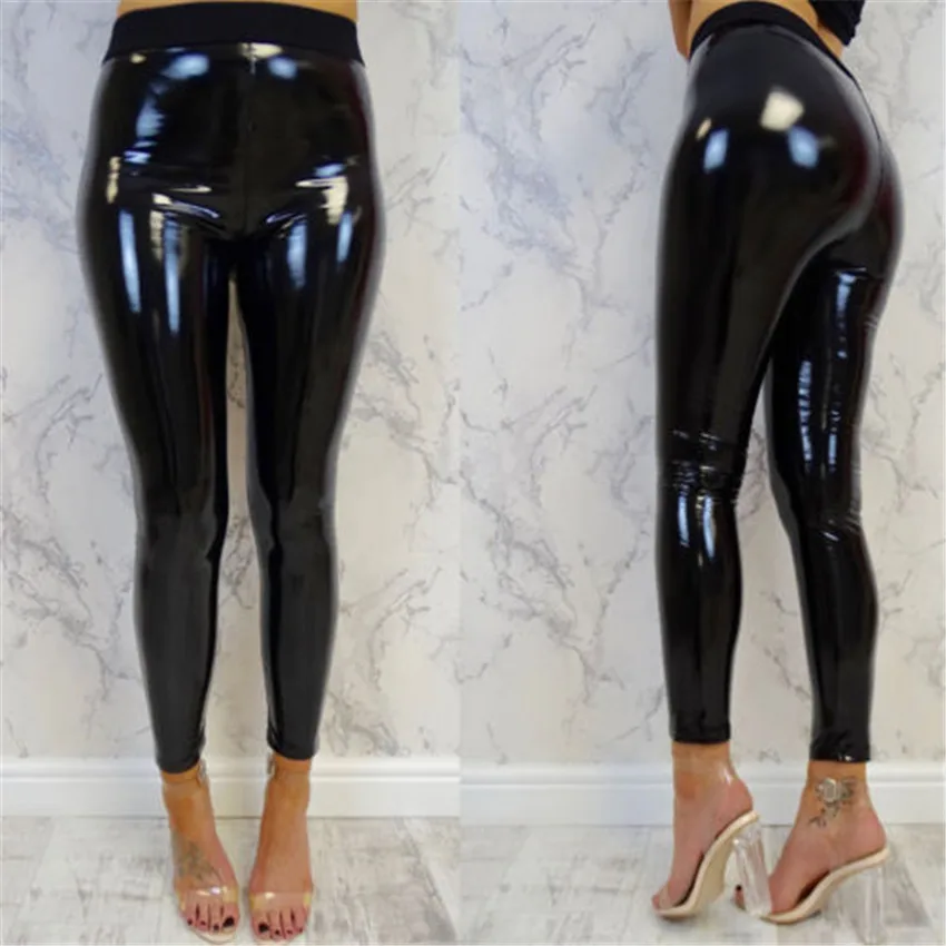 spanx pants Women Shiny Leggings Wet Look PU Leather Leggings Black Red Slim High Waist Skinny Pants brown leggings