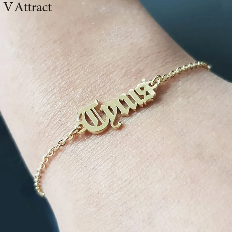 

V Attract Kids Names Pulseira Personalized Jewelry Gold Old English Name Bracelets For Women Bridesmaid Gift Nameplate Hand Link