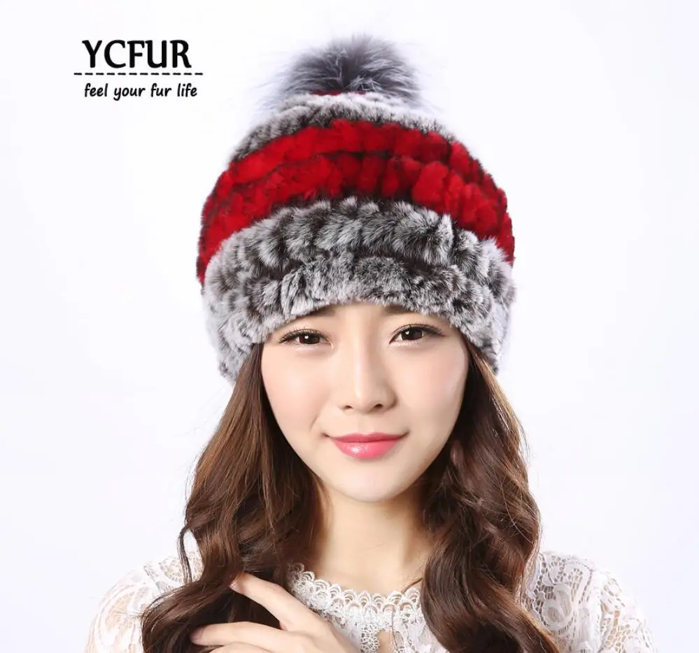YC Fur Модные женские зимние шапки мягкие теплые вязаные шапки из меха кролика рекс с серебристой лисой меховой помпон шапка бини Женская - Цвет: red brown