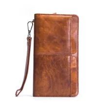 Vintage Genuine Leather Wallet Men Long Purse Section Glossy Male Hand Clutch Bag Card Holder Wristlet