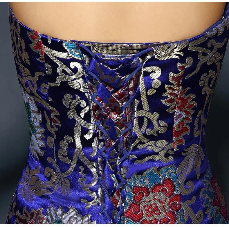 Tube top trailing royal blue fishtail cheongsam wedding dresses brocade long traditional chinese cheongsam wedding dresses (9)