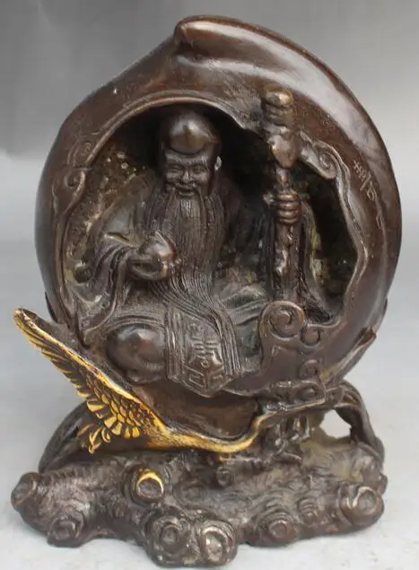 

16CM Chinese Fengshui Bronze Gilt Longevity God Shouxing Peach Crane Statue