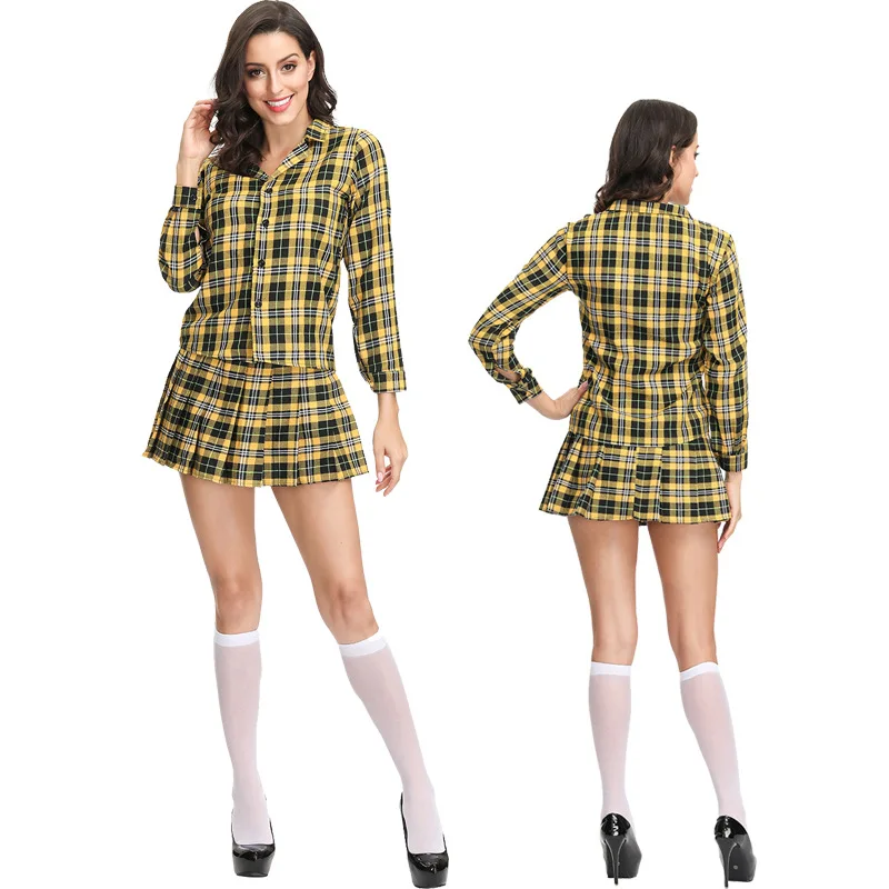 Sexy Long Sleeve Adult Naughty School Girl Costume Yellow Plaid Student Uniform Set Halloween Party Cosplay Schoolgirl Costumes