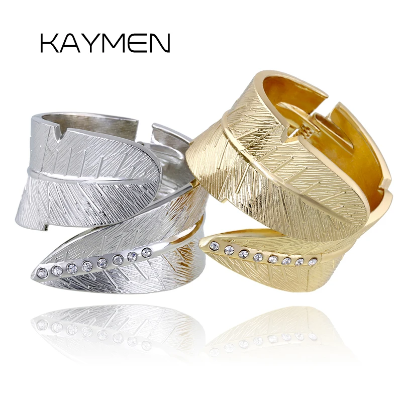 

KAYMEN Women's Beautiful Rhinestones Leaf Shape Statement Bangle Cuff Bracelet for Women Golden Plated Wedding Party Bangle