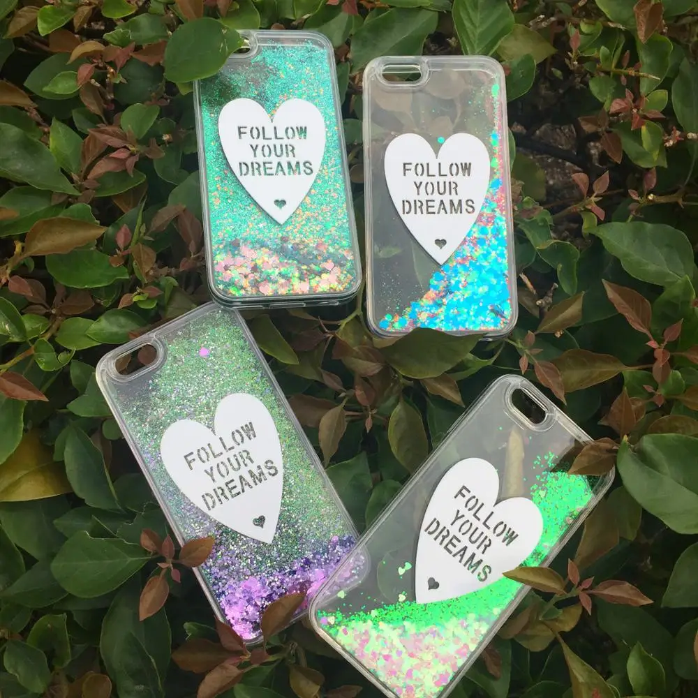10pcs/lot Follow Your Dreams Hearts Glitters Quicksand Dynamic Back Clear Cover Case For iPhoneX 8/6s 7plus Shell Protection |
