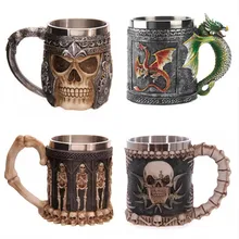 Neue Lustige Kaffeetasse Cool 3D Schädel Wolf Becher Harz Edelstahl Pirate Ritter Trinken Grip Kreative Gefäße 17