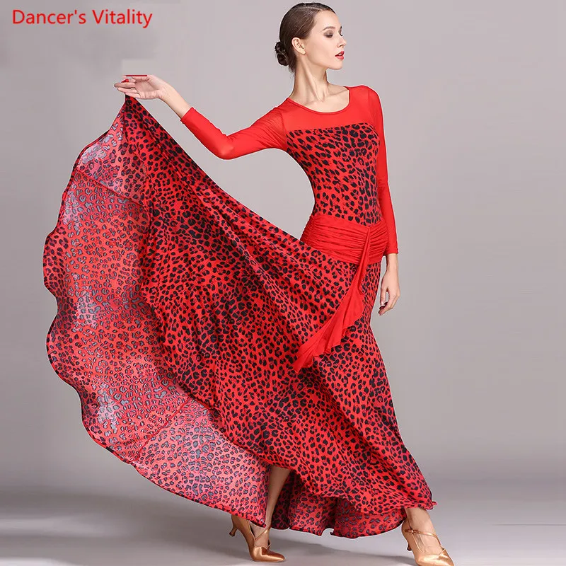 

2018 New Ballroom Dance Dress Ice Silk Long Sleeves Big Swing Dresses Women Waltz Tango Dance Performance Competition Costumes