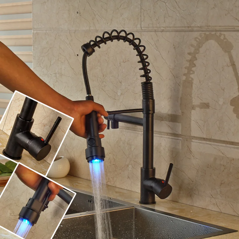 

2016 Newly Bathroom LED Light Kitchen Sink Faucet Double Rotate Spout Mixer Water Taps Oil Rubbed Bronze Single Handle