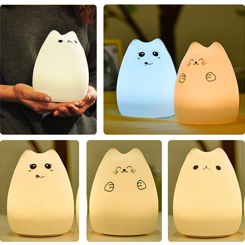 Cute Cat LED Night Light Colorful Cartoon Animal Night Lamp Silicone Soft Nursery Children Kids ...