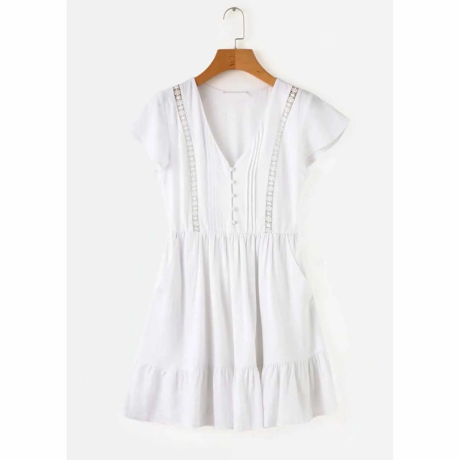 

Boho White Ruffle Short Dress Bohemian 2019 Summer Women Lace Hollow Holiday Dress Female V Neck Pockets Beach Dress Vestidos