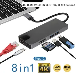 8in1 1000 Mbps Ethernet адаптер SD/TF USB 3,0 хаб-конвертер 4 K HDMI VGA Тип C до RJ45 Соединительная плата локальной компьютерной сети проводной кабель для Macbook