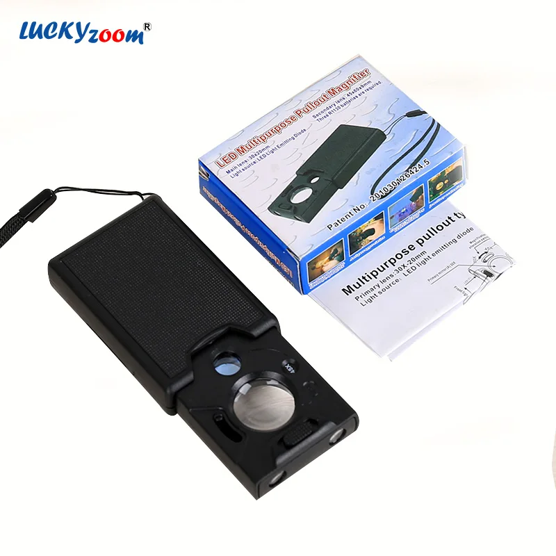 

Luckyzoom 30X 45X 60X LED Illuminated Magnifier Portable Pullout Pocket Magnifying Glass With LED Lights For Currency Detecting
