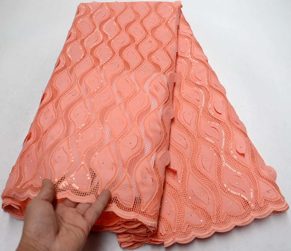 

Newest Peach African Lace Fabric With Sequins 3d lace fabric 2019 High Quality Bridal For Nigerian Lace