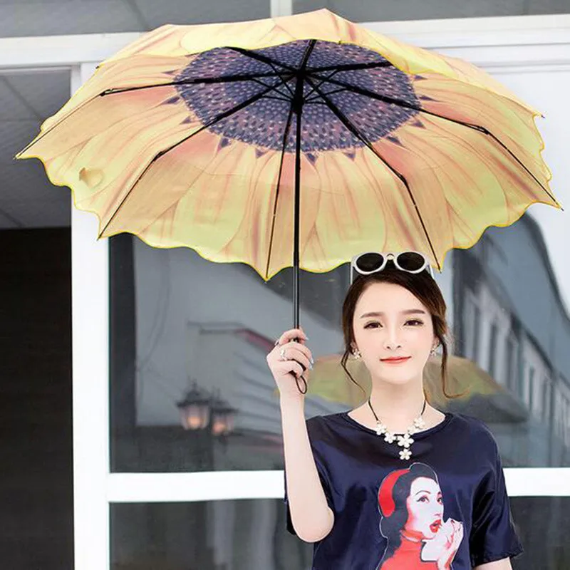 2016-3D-Sunflower-Print-Three-Folding-Umbrella-Rain-Women-Pongee-Sunny-and-Rainy-Umbrella-Anti-UV 2