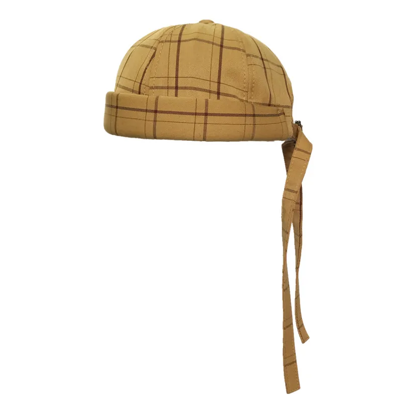 

Spring and Autumn Yuppie Lattice Cotton Skullcap without Visor Vintage Grid Cap with Long strap Hip Hop Hat for Men Women Retro