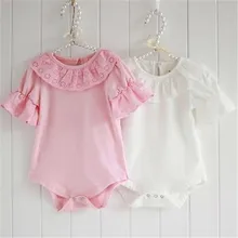 2016 Lace Collar Baby Girls Short Sleeve Solid Bodysuit One-pieces Outfits 1 2 3 4 7 Y Year Old