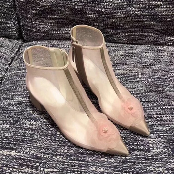 

women summer elegant ankle boots Breathable shoes Floral short boots chunky heels women dress boots shoes fashion bota