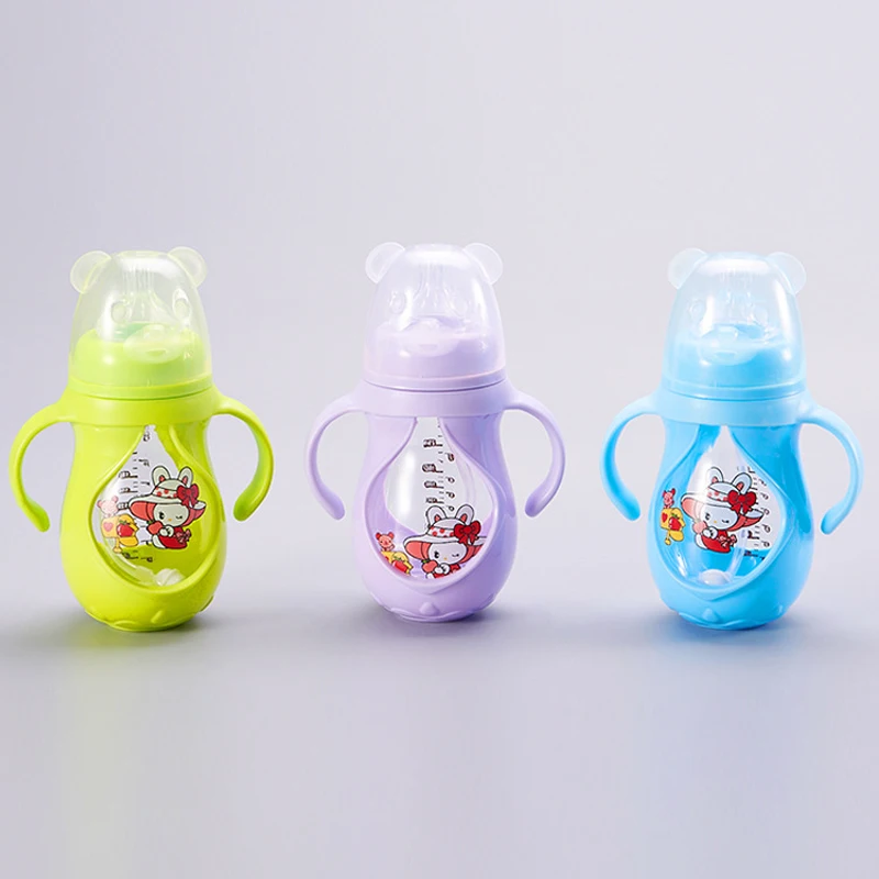 MMBABY 150ML Baby Bottle with Silicone Protective Cover and Straw Handle Lovely Cartoon Milk Feeding Bottle for Infant Toddler