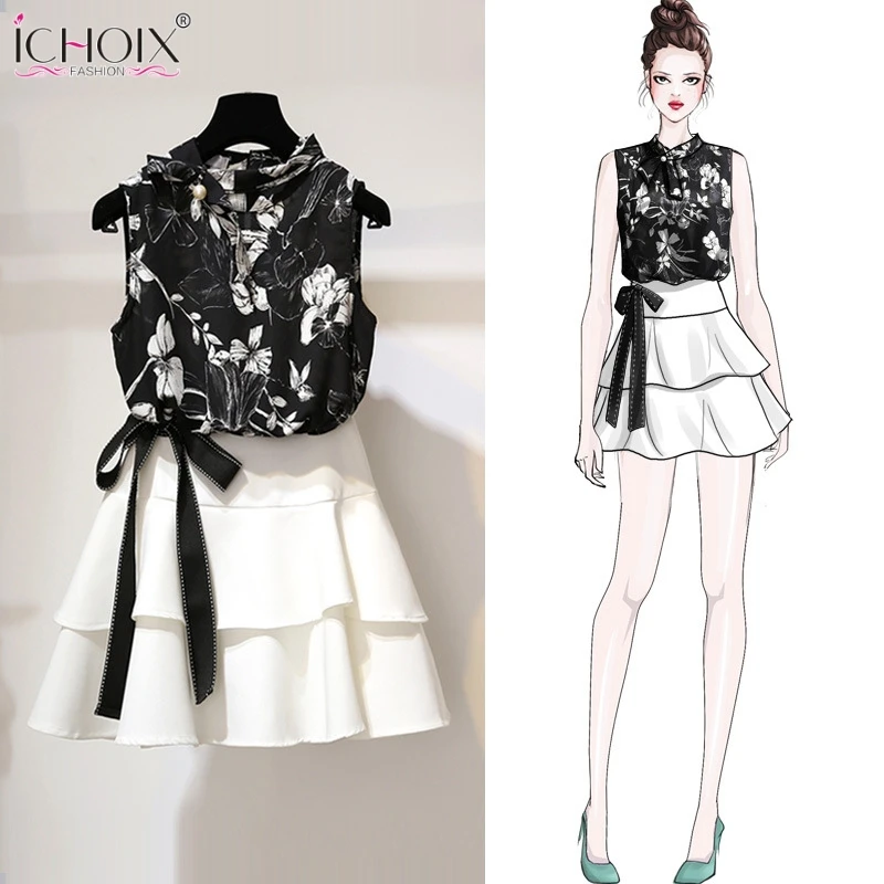 

ICHOIX 2 Piece Sets Women Floral Tank And Skirt 2 Piece Set Ruffles Girl Sets 2 Piece Outfits Beach 2019 Summer Women Clothes
