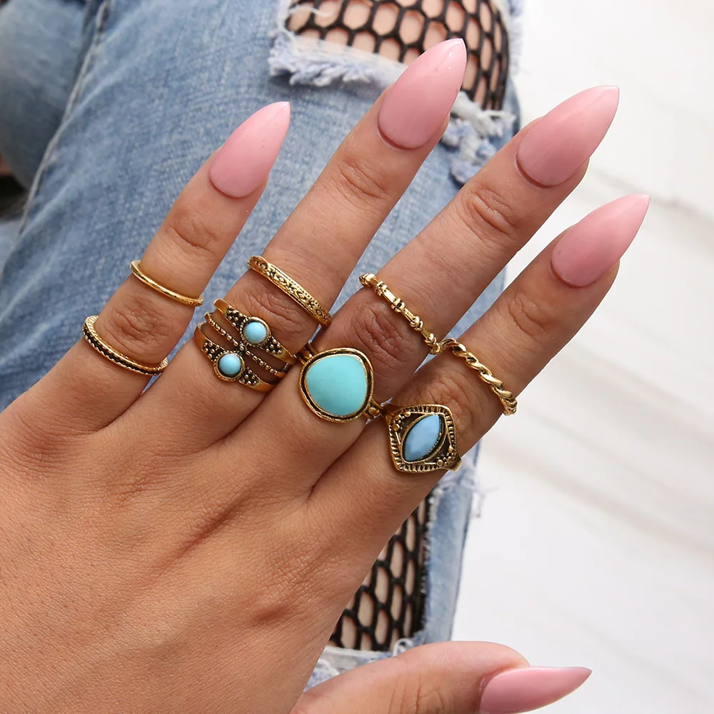 

8 PCS/Set Green Stone Midi Rings For Women Bohemian Flower Pattern Charms Rings Wedding Party Statement Jewelry Christmas Gift