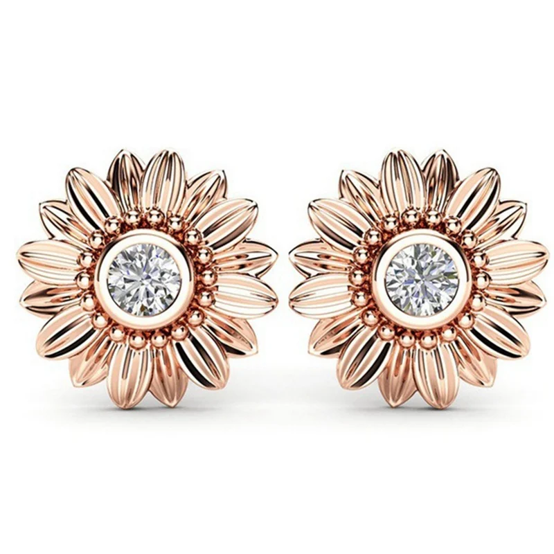 

New Fashion Lady Sunflower Stud Earrings Temperament Zircon Women Stud Earrings Jewelry Accessories
