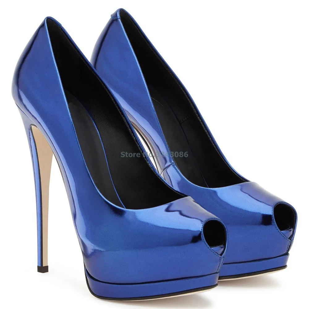 

Peep Toe Sky High Pumps Blue Champagne Metallic Patent Leather Thin High Heel Shoes Basic Elegant Women NightClub Shoes