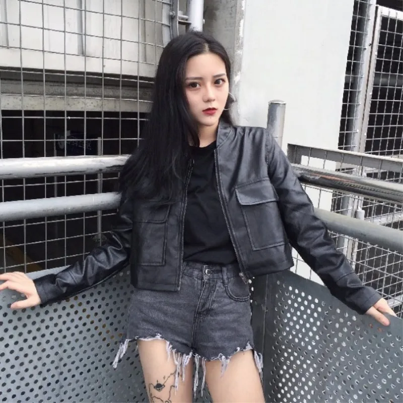Кожаная куртка женская осенняя новая мода дикая PU кожаная Harajuku стиль черные