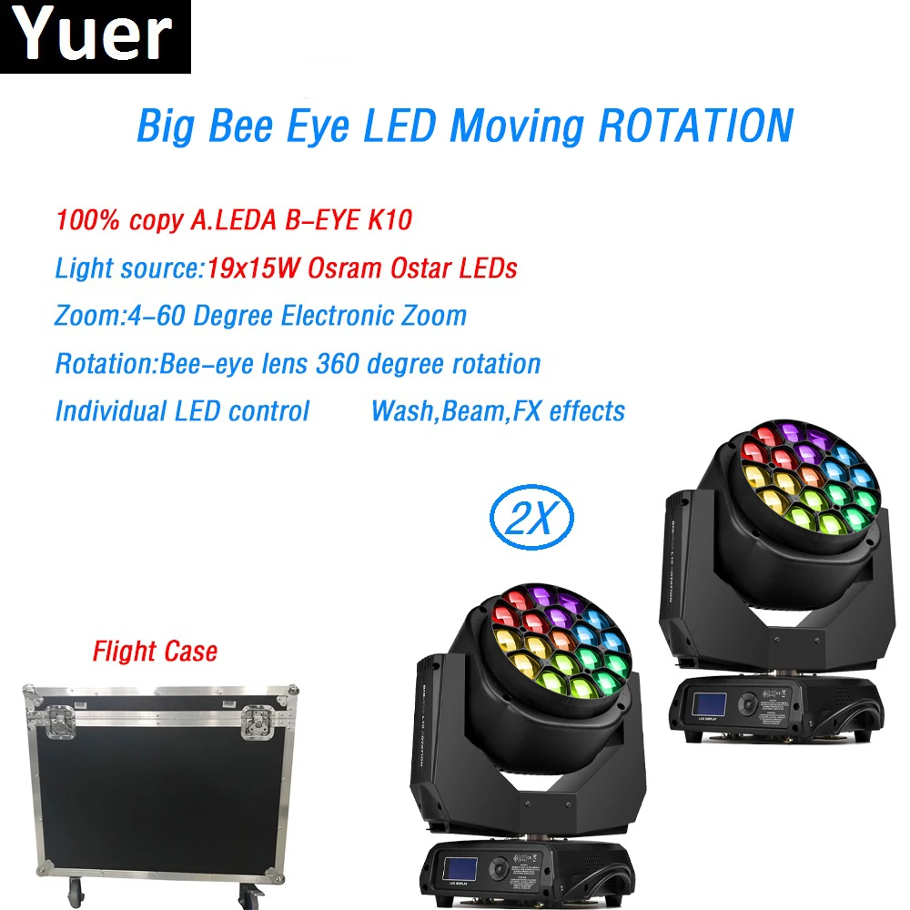 Flight Case 2Pcs/Lot 19x15w Moving Head  Copy Clay Paky Big Bee Eye Lamp Ostar led lamp wash zoom For Disco DJ Bar stage light