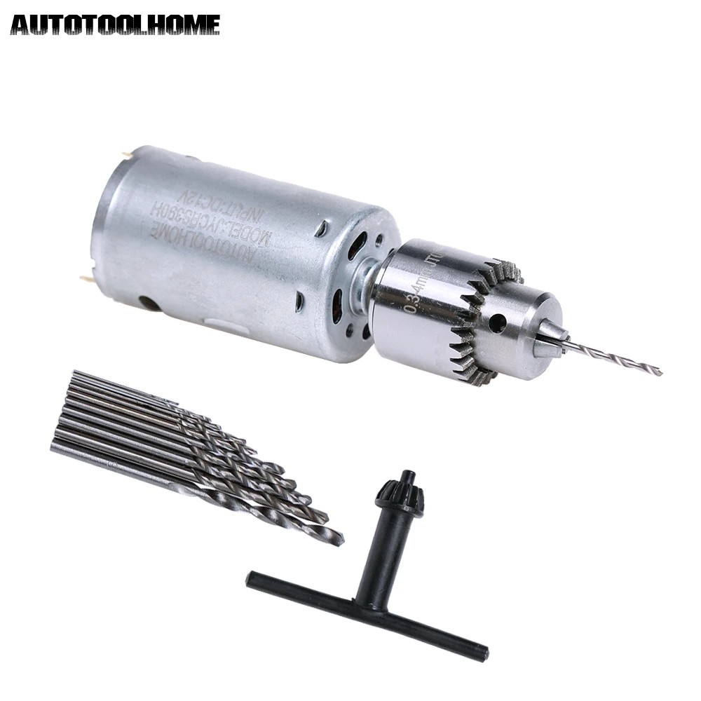 

DC 12V Electric Motor Small PCB Hand Drill Press Drilling Compact Set with 10PC 0.5-3mm Twist Bits 0.3-4mm JTO Keyless Chuck