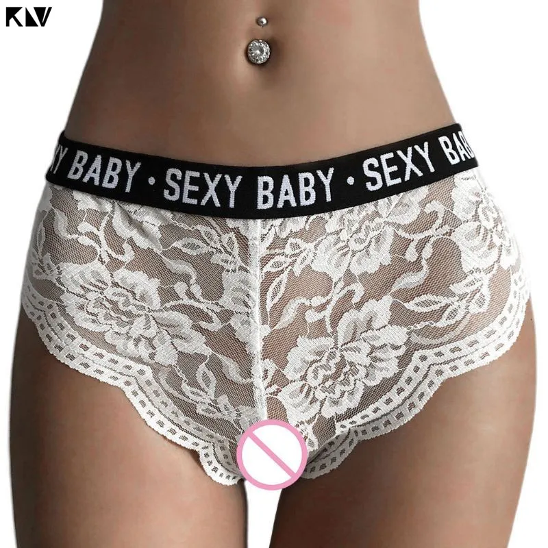 

Womens Erotic Sheer Floral Lace Underwear Briefs Letters Waistband Mid Rise G-String Seamless Scalloped Trim Lingerie Panties