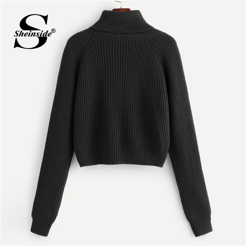Sheinside Black Coffee Crop Sweater Women Pullovers Roll Neck Raglan Sleeve Jumper Fall Winter Tops For Womens Knitted Sweaters