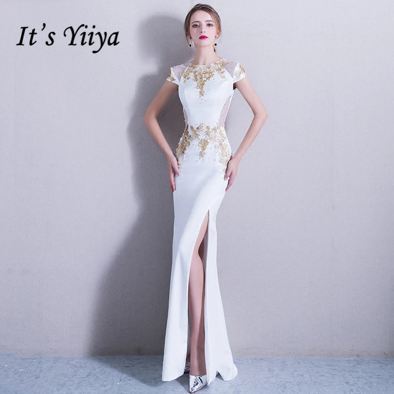 

It's Yiiya White Formal Dress for Party O-Neck Short Sleeve Flower Mermaid Pearls Evening Dresses Fashion Designer LX772
