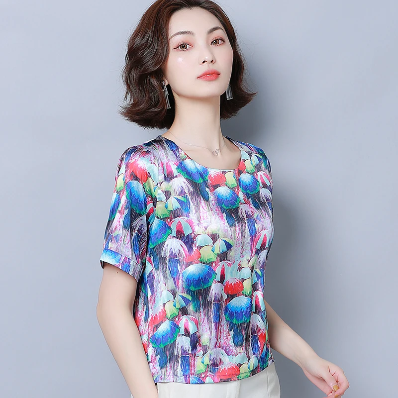 Korean Fashion Silk Women Blouses Satin Womens Tops and Blouses Short Sleeve Black Women Shirts Plus Size XXXL/4XL Ladies Tops