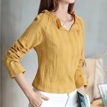 100% Cotton Long Sleeve Blouse Women Tops Ladies Elegant Ruffled Long Sleeve White Shirt Plus Size S-XXL Slim Solid Femme Blusas