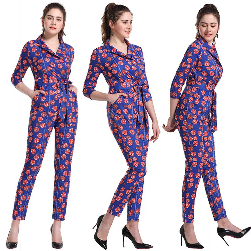 

2019 summer new deep V-neck low-cut sexy three-quarter sleeve jumpsuit print waist slimming women's clothing