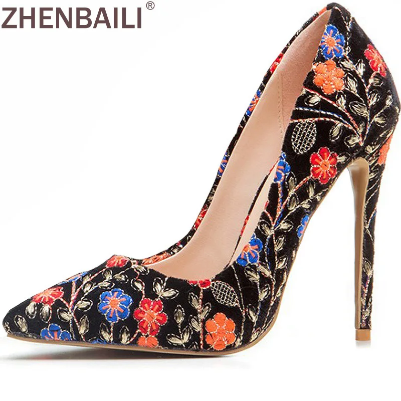 

ZHENBAILI Fashion Embroidery Embellished Pointed Toe Women Thin Heel Shoes Slip-On Party Shoes Pumps 12CM Super High Heel Shoes