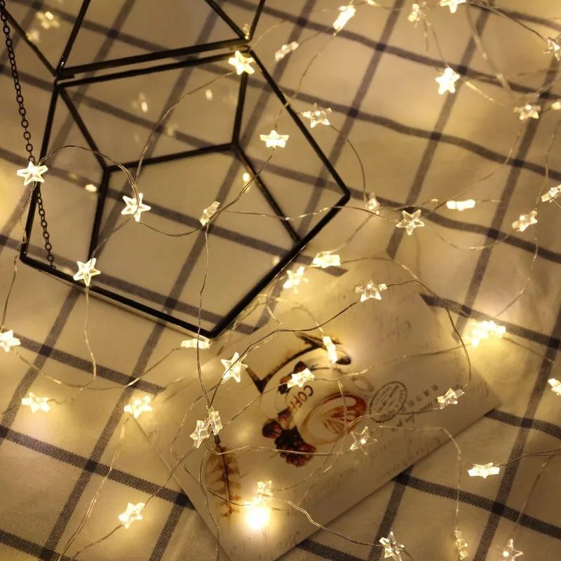 2 м/3 м светодиодный гирлянда на медной проволоке со звездами светодиодный Сказочный свет Рождественские Свадебные декоративные огни батарея работает мерцающие огни