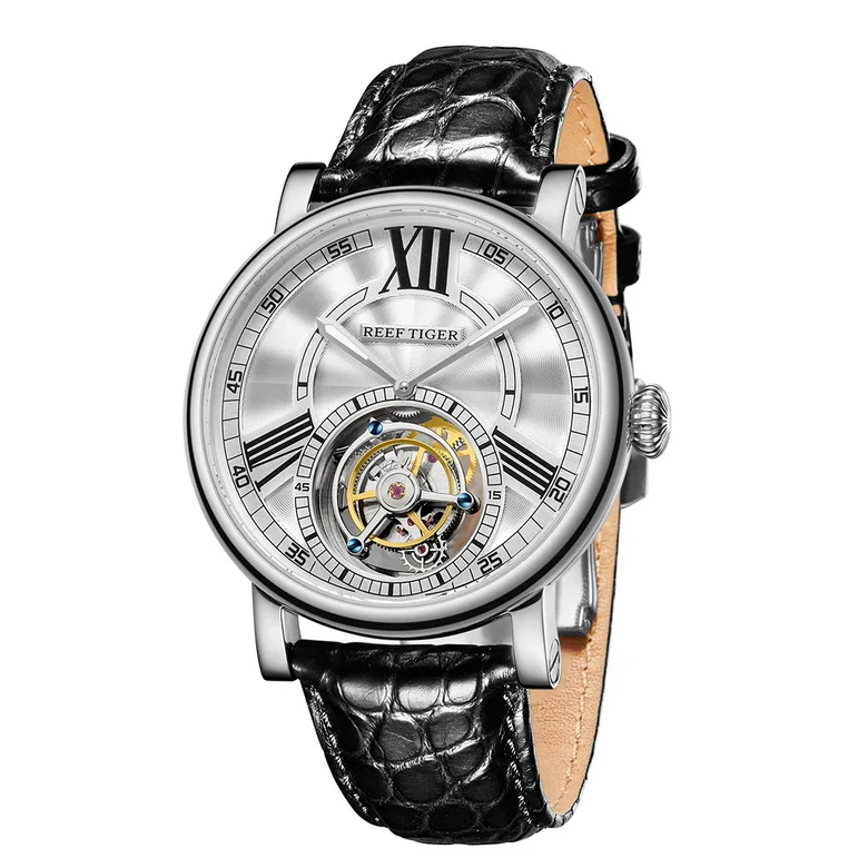 Reef Tiger Classic Serier RGA1999 мужские полые циферблат платье Real Tourbillon автоматические механические наручные часы-серебро