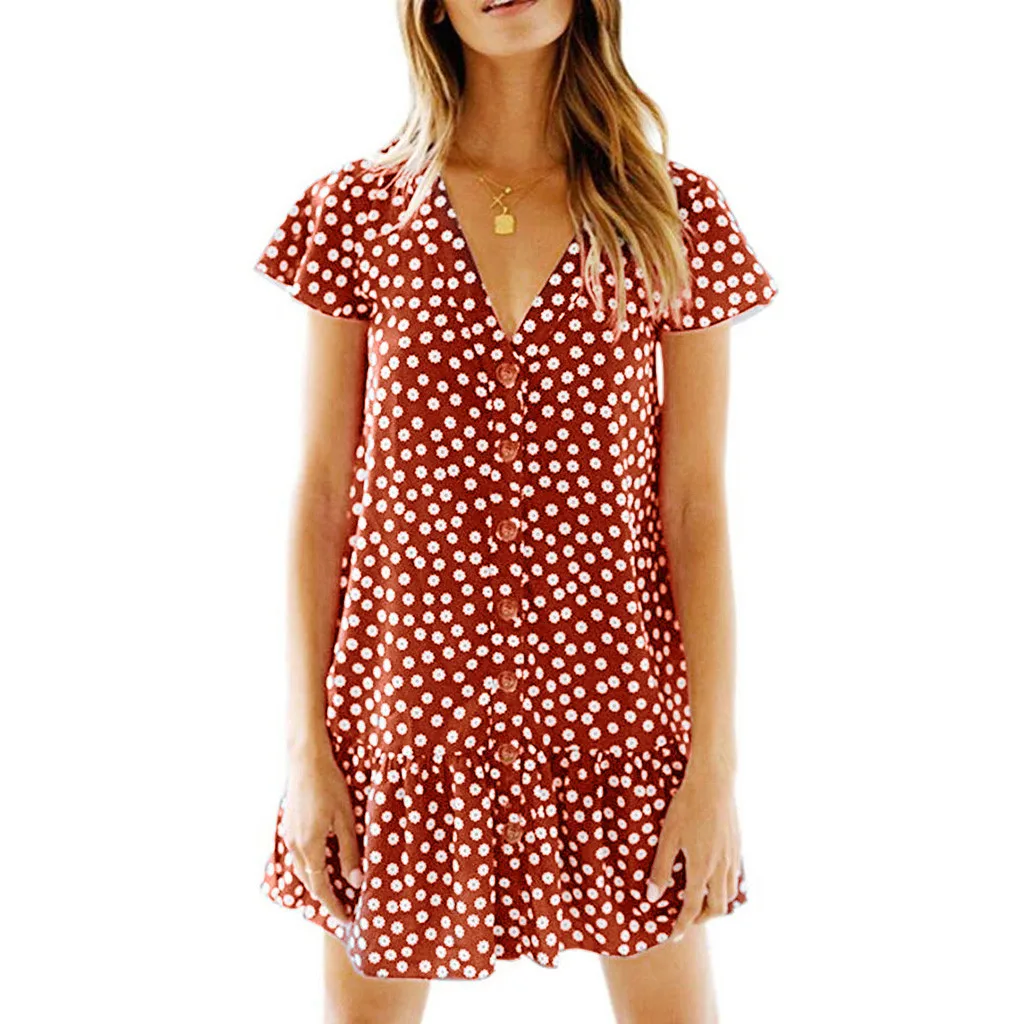 

Women Summer Boho Dress Polka Dot V Neck Button Down Ruffles Loose Mini Short Dress vestidos Print Chiffon Beach Tunic Sundress