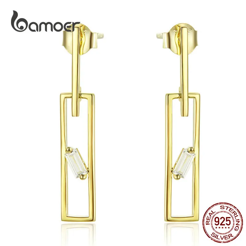

bamoer Geometric Zirconia Dangle Earrings Sterling Silver 925 Gold Color Design Drop Earring for Women Chic Jewelry BSE178
