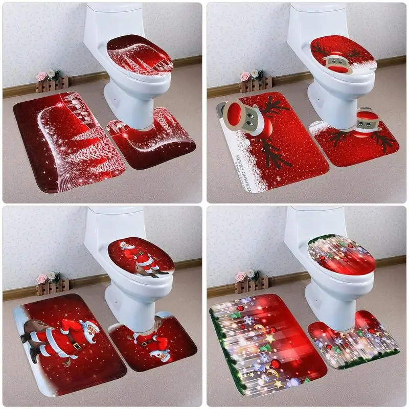 

3 Pcs Fancy Santa Toilet Seat Cover Rug Toilet Decoration Bathroom Set Fancy Santa Antislip Mat Christmas Decorations for Home