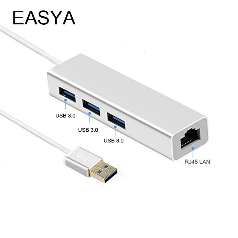 

EASYA USB 3.0 Hub to RJ45 Adapter Gigabit Ethernet Lan Network 1000Mbps Hubs USB Splitter 4 Ports 5Gbps Silver for Computer Use