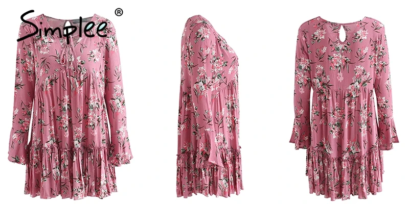 Летнее женское короткое платье Simplee, кружевное свободное гофрированное повседневное платье с длинным рукавом и цветочным принтом, уличная одежда