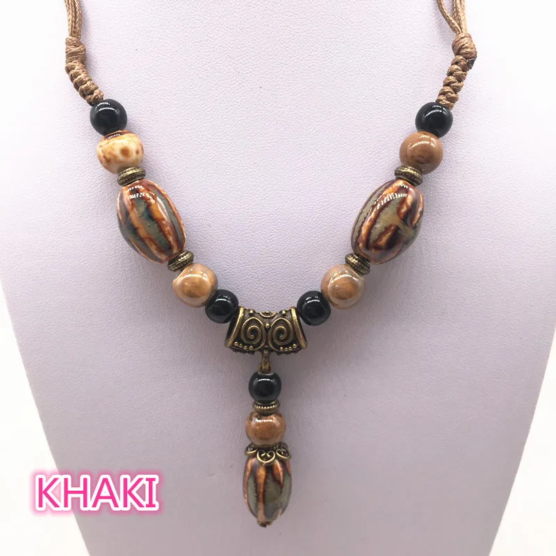 

Fashion Ethnic Jewelry Traditional Handmade Ornaments Weave Wax Rope Ceramics Necklace Ceramics Beads Pendant Long Necklace #37