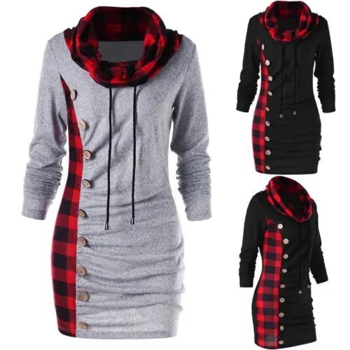  Women Winter Long Sleeve Turtle Neck Jumper Hoodies Sweatshirt Plaid Autumn Casual Top Outwear