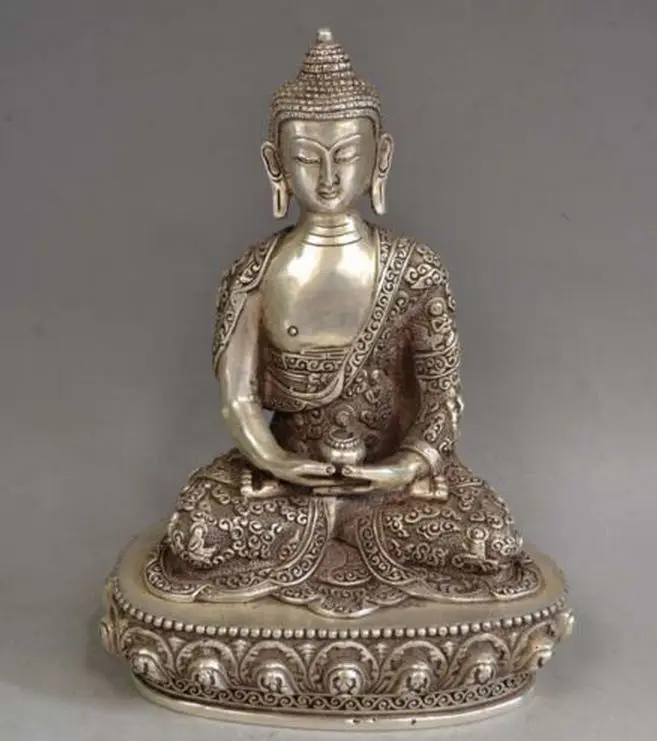 

free 8.9" Tibet Tibetan Silver Bronze Buddha Shakyamuni &Bowl Statue fast