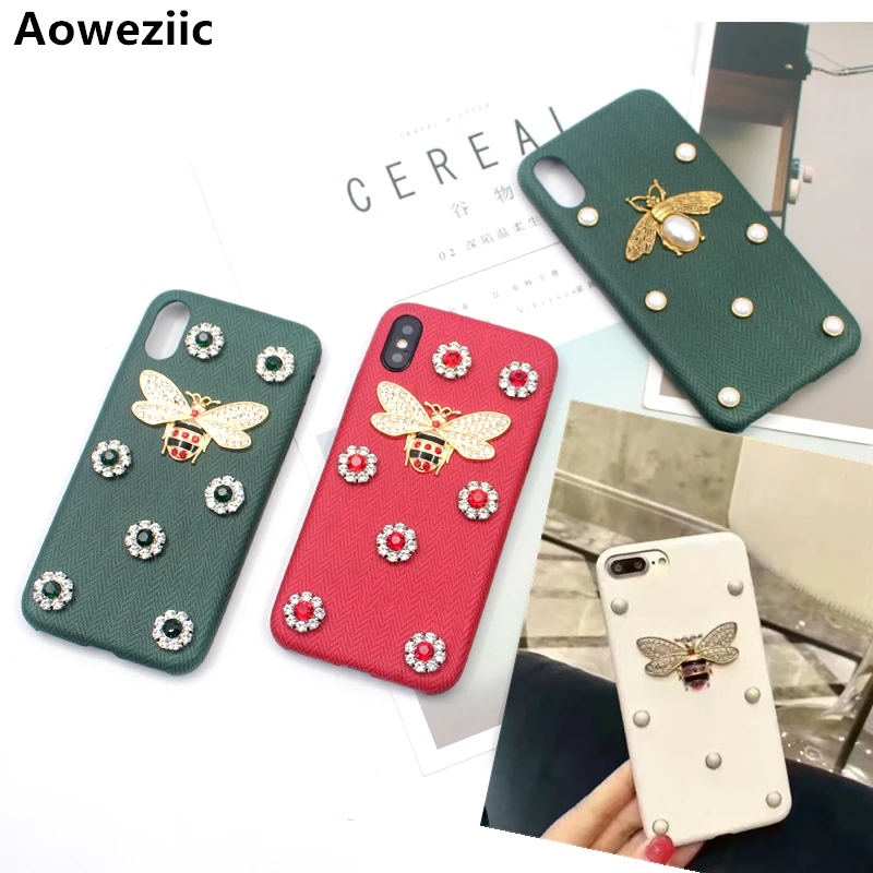 Aoweziic Luxury Rhinestones Bee Case For iPhoneX XS MAX 7 6S 8Plus Diamond Geometric Texture PU Leather Cover Back 3D art XR DIY