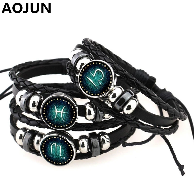 AOJUN Jewelry Snap Bracelet Men 12 Constellation Charm Bracelets Leather Bracelet Femme Metal Punk For Women Girl 2017 Wholesale